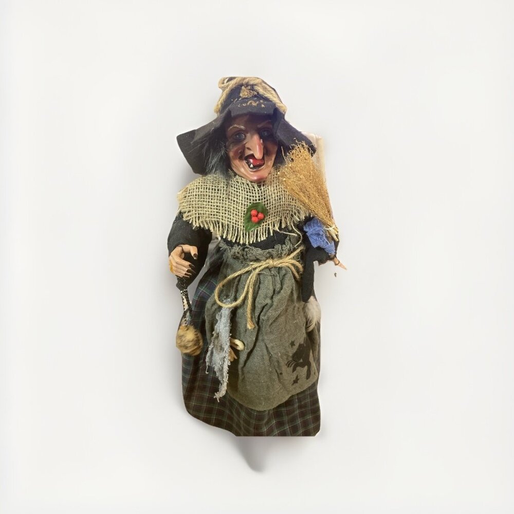 Vintage Halloween Paper Mache Witch Figurine Stiffen Fabric Big Nose Scarry